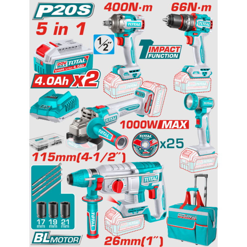 TOTAL - SET 5 UNELTE - 20V - CU 2 ACUMULATORI 4.0Ah SI INCARCATOR (INDUSTRIAL)