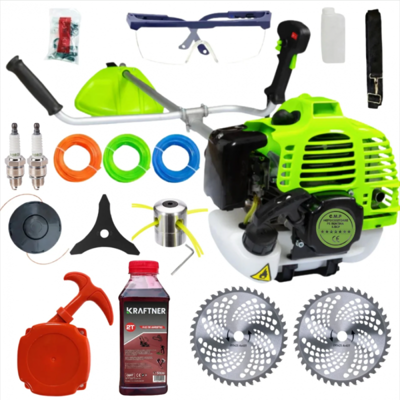 Motocoasa benzina Ural 8.5 CP, 52cmc, 12000rpm, 15 accesorii incluse , carcasa verde