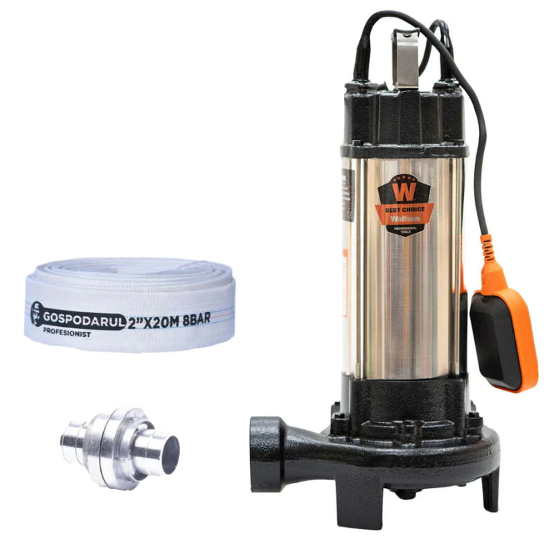 Pompa submersibila apa murdara cu tocator si flotor Wolfson WQW-1500D-F PRO + furtun 20m + cuple