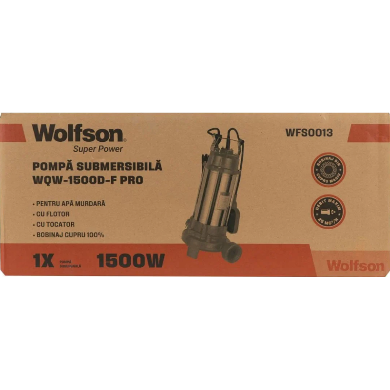 Pompa submersibila apa murdara cu tocator si flotor Wolfson WQW-1500D-F PRO + furtun 20m + cuple