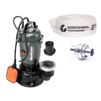 Pompa submersibila apa murdara Wolfson TP-3100, 1100W, 2", 10000 l/h + furtun PVC panzat tip pompieri 2" 20m, 50mm, cuple incluse