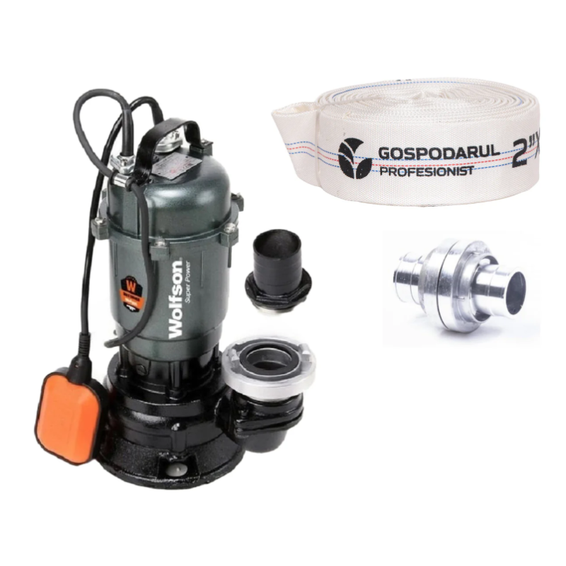Pompa submersibila apa murdara Wolfson TP-3100, 1100W, 2", 10000 l/h + furtun PVC panzat tip pompieri 2" 20m, 50mm, cuple incluse