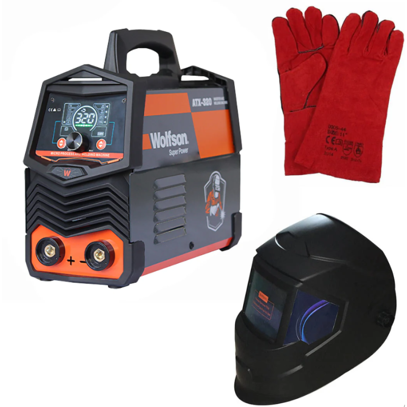 Aparat de sudura cu electrod Wolfson ATX-320 cu Inverter 2 in 1 MMA si LIFT-TIG, 140Ah + Masca de sudura automata, Manusi de sudura