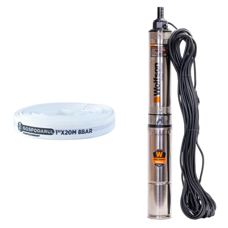 Pompa submersibila apa curata 1100W, WOLFSON PM-1500-8, 8 turbine, cablu 25m, 6600L/h + Furtun 20m