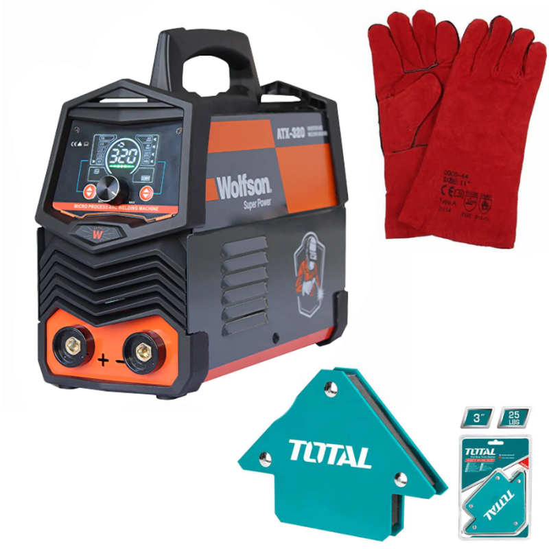 Aparat de sudura cu electrod Wolfson ATX-320 cu Inverter 2 in 1 MMA si LIFT-TIG, 140Ah + Manusi de sudura, coltare magnetice de sudura