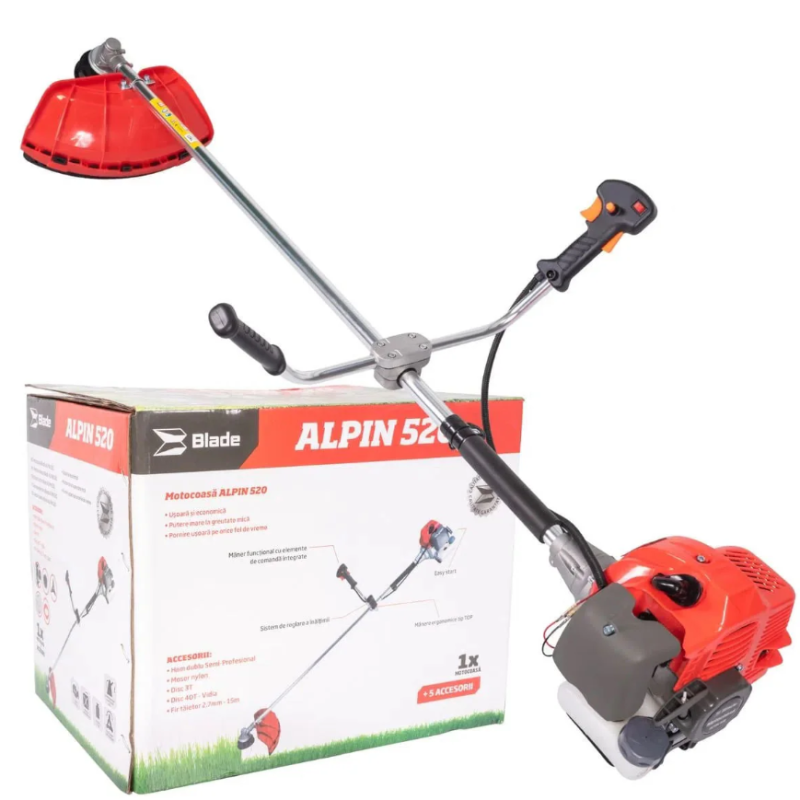 Motocoasa Blade Alpin 520, 3CP, 7 accesorii, ham profesional + 3 sticle ulei 0.1l + foarfeca taiere crengi