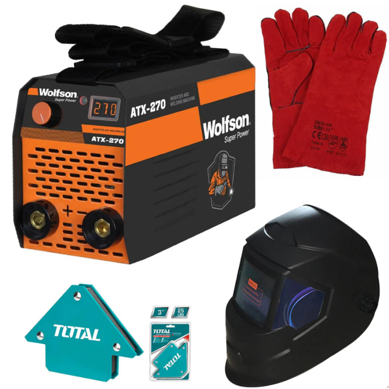 Aparat de sudura WOLFSON ATX-270, MMA 120A, Invertor tehnologie inalta + Masca de sudura automata, Manusi de sudura, Coltare magnetice