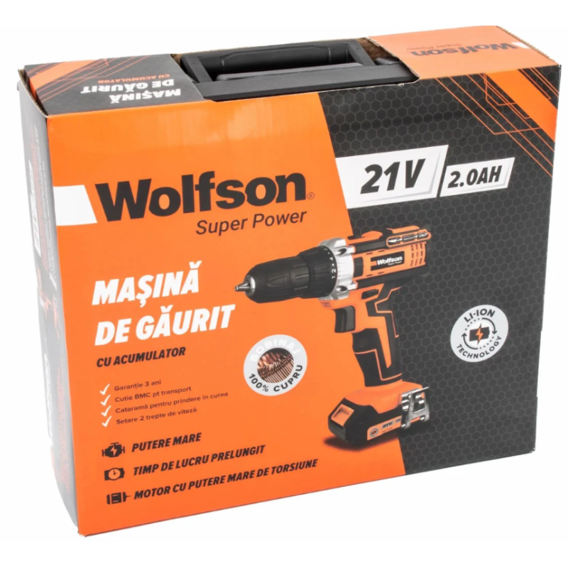 Masina de gaurit cu acumulator Wolfson - 21V, 2.0Ah, 2 acumulatori