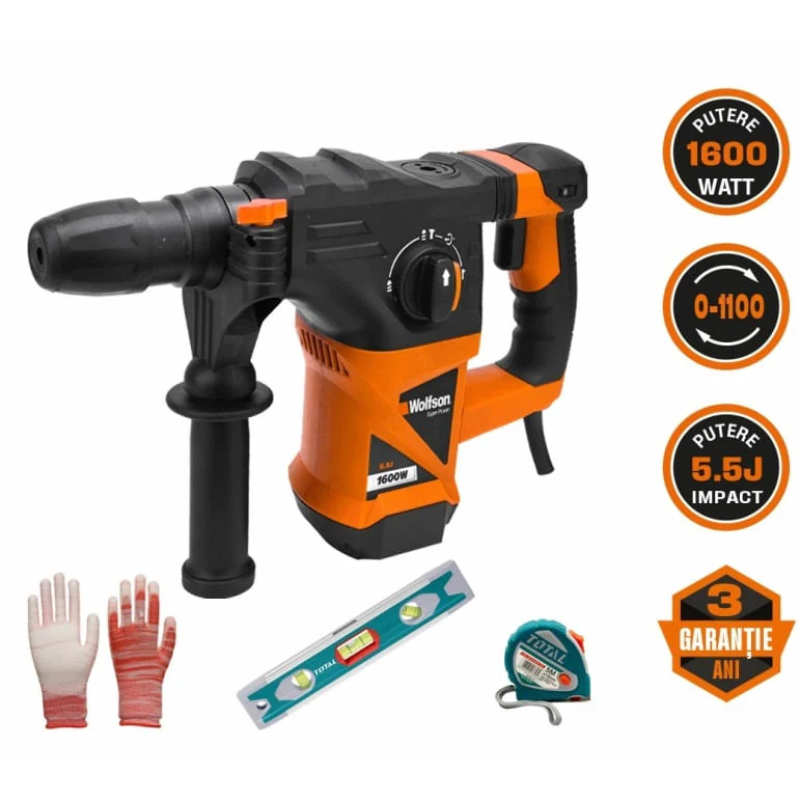 Ciocan rotopercutor Wolfson - 1600W, 5.5J+manusi+nivela+ruleta