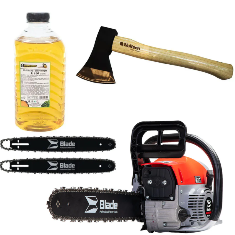 Drujba pe benzina BLADE Alpin 520 - 5CP, 2 lame si 2 lanturi + ulei ungere lant L150, toporisca Wolfson 600g