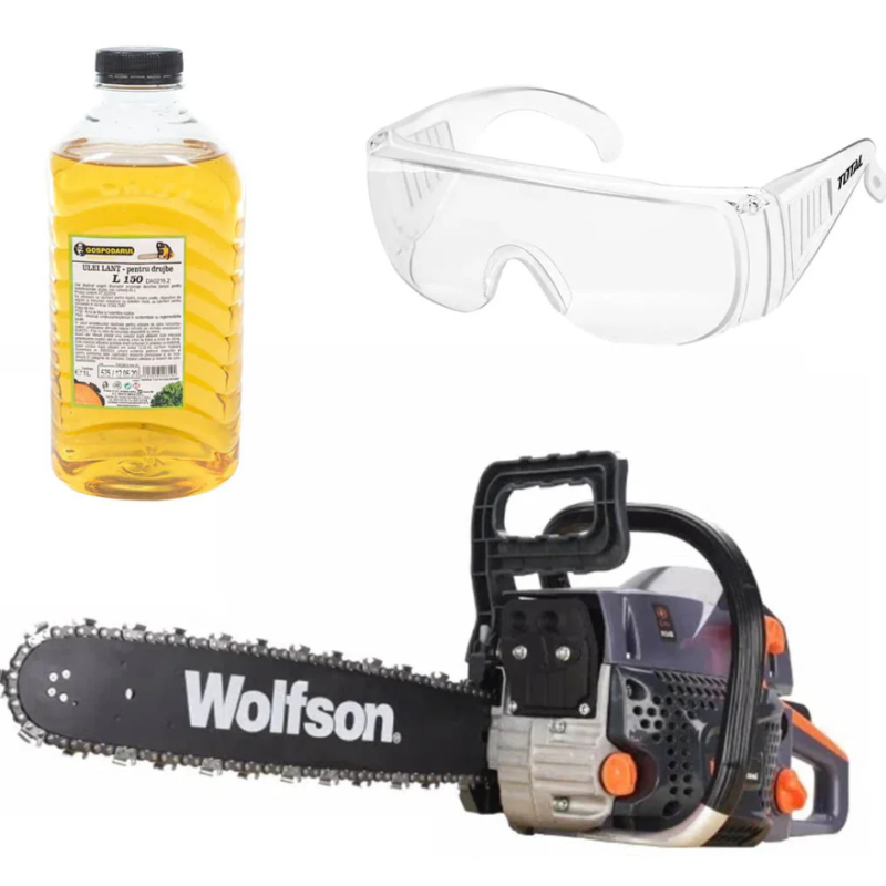 Drujba pe benzina WOLFSON STX-580, 2.6CP, 52CC, 2 lame + 2 lanturi + ulei ungere lant L150, ochelari de protectie