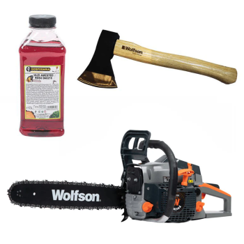 Drujba pe benzina WOLFSON STX-580, 2.6CP, 52CC, 2 lame + 2 lanturi + ulei amestec 0.5L, toporisca Wolfson 600g