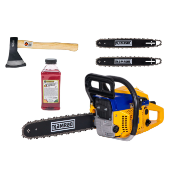 Drujba pe benzina Kamrad KR-52, 5.8CP, 52cc, 2 lame 2 lanturi + ulei amestec 0.5L si toporisca Wolfson 600g