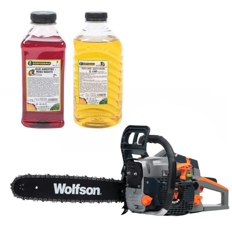 Drujba pe benzina WOLFSON STX-580, 2.6CP, 52CC, 2 lame + 2 lanturi + ulei amestec 0.5L, ulei ungere lant L150