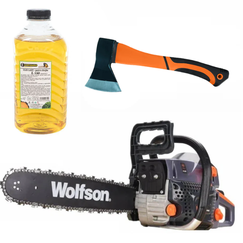 Drujba pe benzina WOLFSON STX-580, 2.6CP, 52CC, 2 lame + 2 lanturi + ulei ungere lant L150, toporisca fibra Wolfson