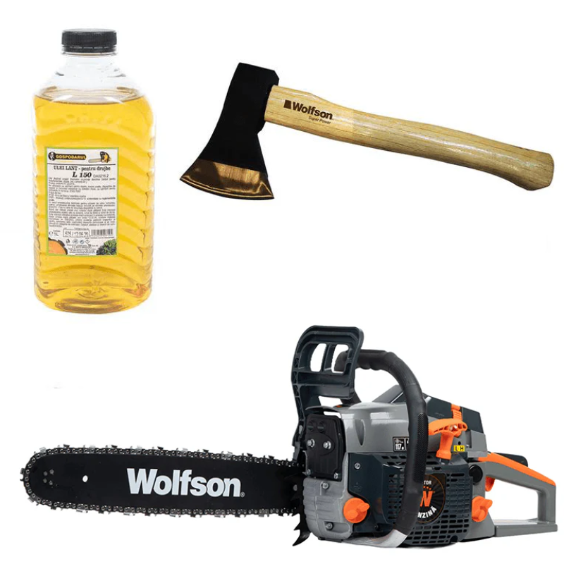 Drujba pe benzina WOLFSON STX-580, 2.6CP, 52CC, 2 lame + 2 lanturi + ulei ungere lant L150, toporisca Wolfson 600g