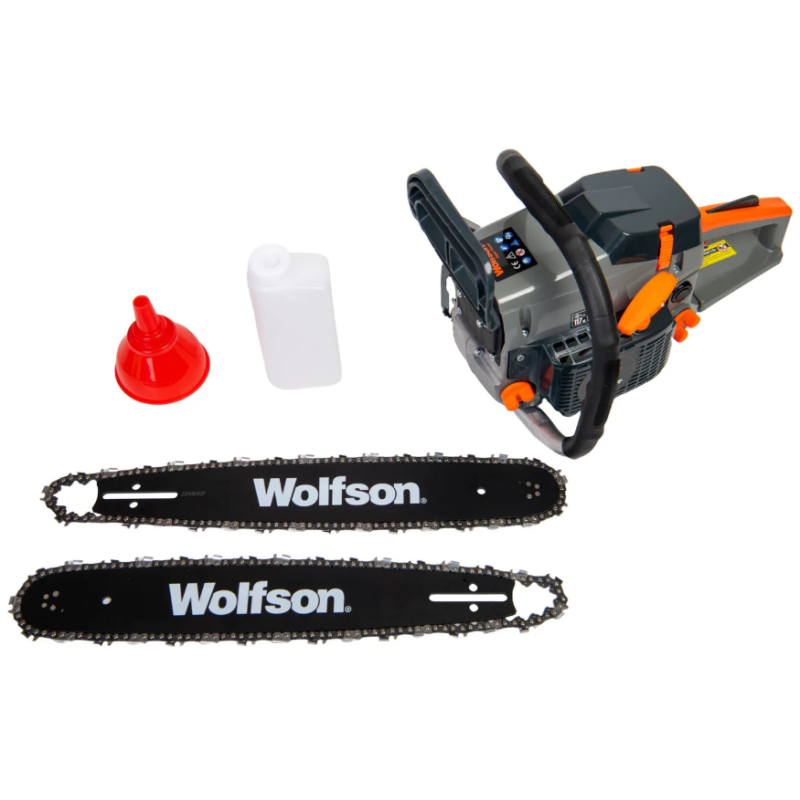 Drujba pe benzina WOLFSON STX-580, 2.6CP, 52CC, 2 lame + 2 lanturi + ulei ungere lant L150, toporisca Wolfson 600g