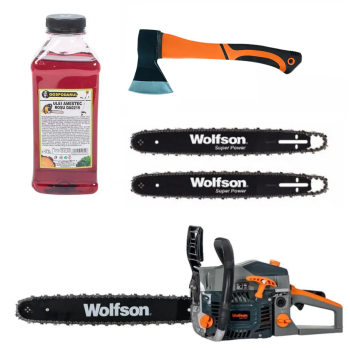 Drujba pe benzina WOLFSON STX-620, 3.5CP, 58CC, 2 lame, 2 lanturi + ulei amestec 0.5L, toporisca fibra Wolfson