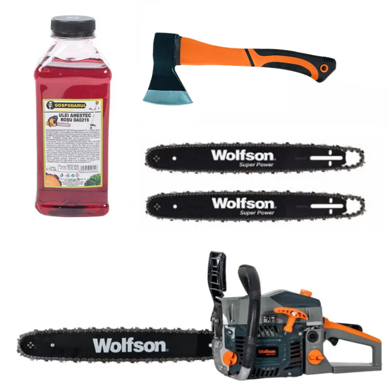 Drujba pe benzina WOLFSON STX-620, 3.5CP, 58CC, 2 lame, 2 lanturi + ulei amestec 0.5L, toporisca fibra Wolfson