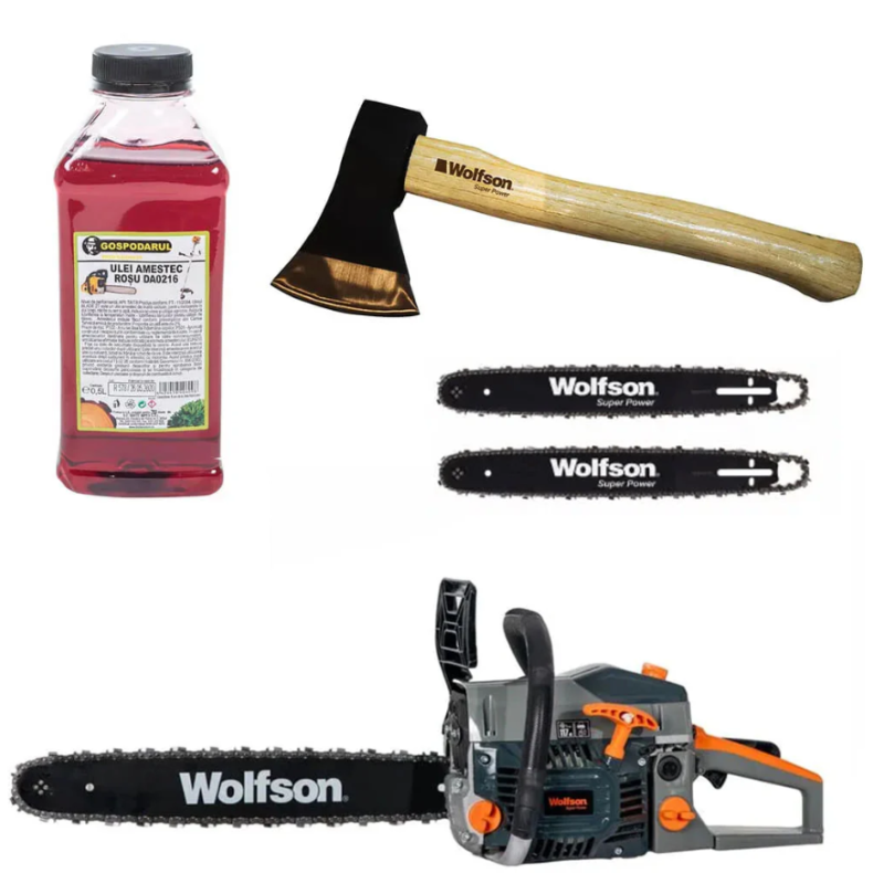 Drujba pe benzina WOLFSON STX-620, 3.5CP, 58CC, 2 lame, 2 lanturi + ulei amestec 0.5L, toporisca Wolfson 600g