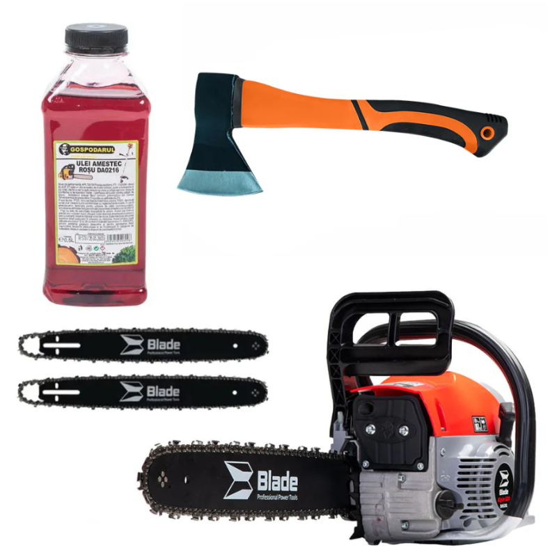 Drujba pe benzina BLADE Alpin 520 - 5CP, 2 lame si 2 lanturi + ulei amestec 0.5L, toporisca fibra Wolfson