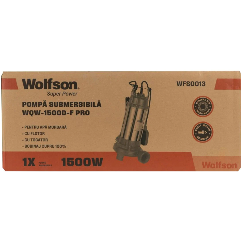 Pompa submersibila apa murdara cu tocator si flotor Wolfson WQW-1500D-F PRO + furtun 20m