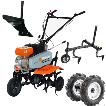 Motosapa pe benzina Wolfson Imperio, 7CP, 212cc, latime de lucru 80cm, cu roti de transport + plug arat si prasitoare cu roata limitatoare