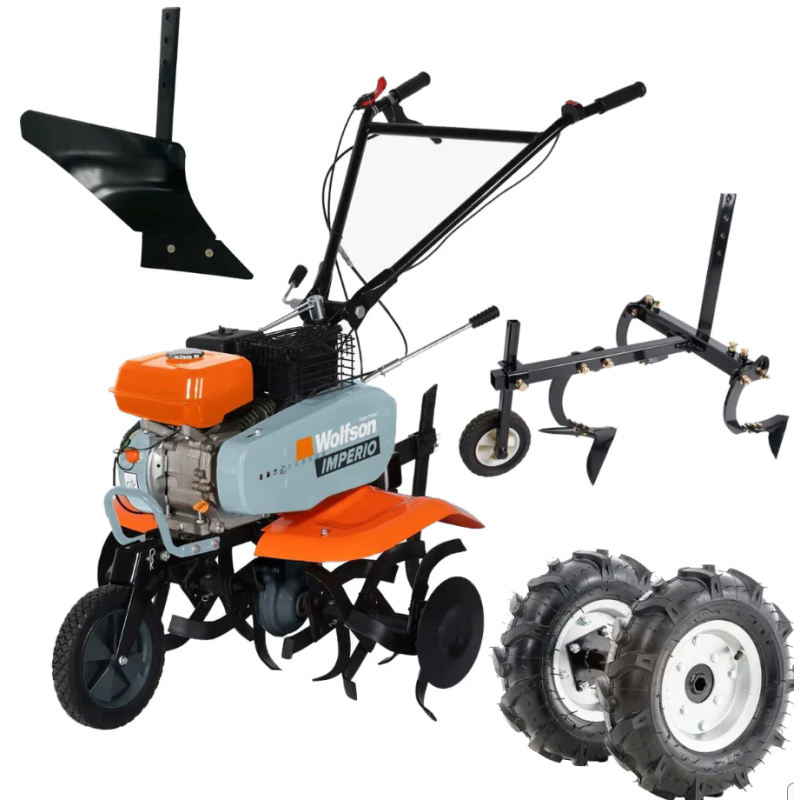 Motosapa pe benzina Wolfson Imperio, 7CP, 212cc, latime de lucru 80cm, cu roti de transport + plug arat si prasitoare cu roata limitatoare