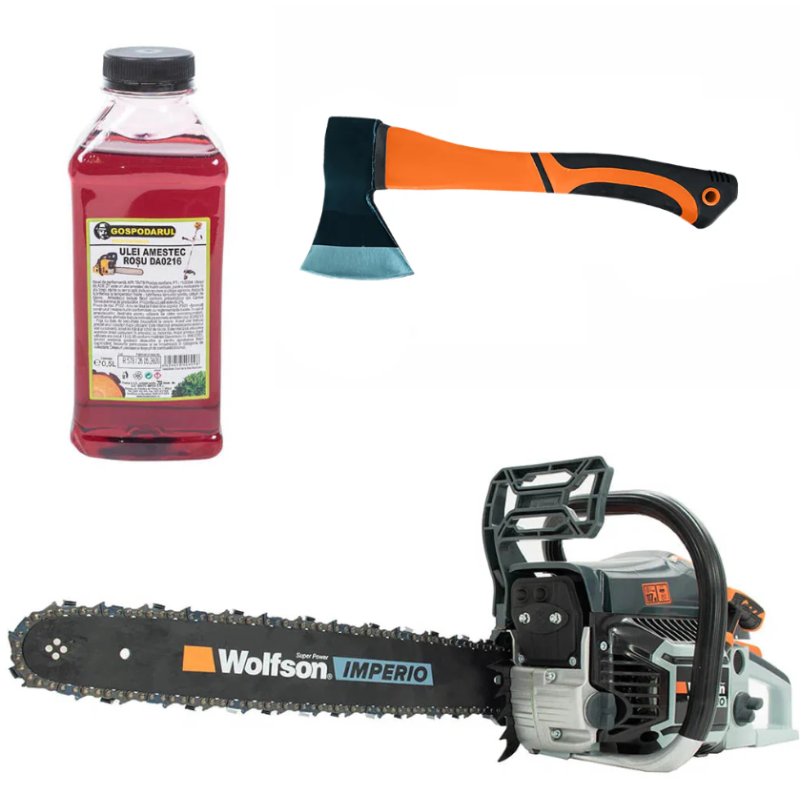 Drujba pe benzina WOLFSON IMPERIO 6000 - 3.2 CP, 52cc + ulei amestec 0.5L, toporisca fibra Wolfson