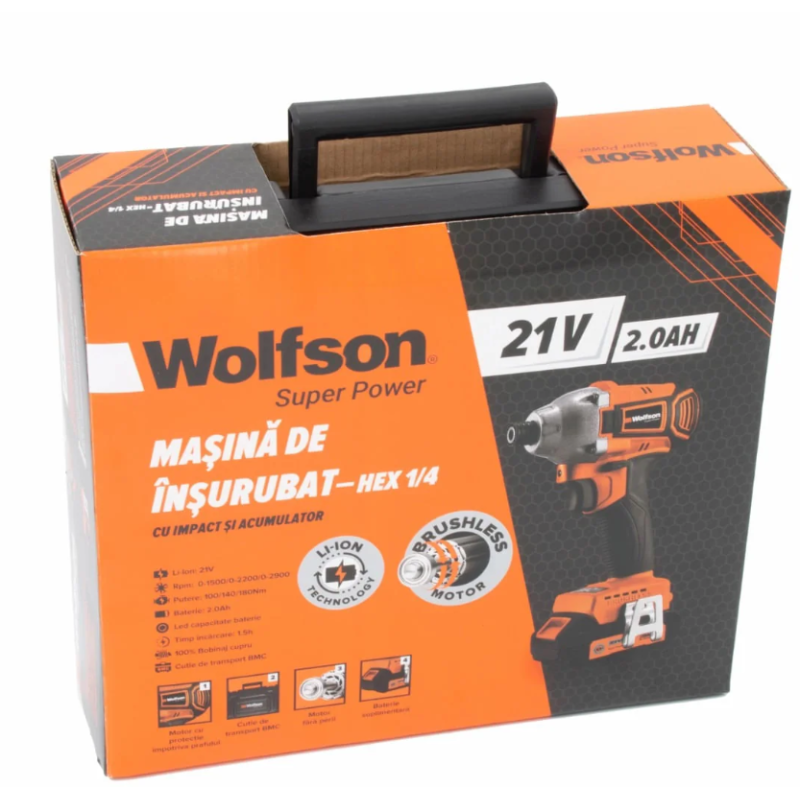 Masina de insurubat cu impact cu acumulator Wolfson - 21V-2.0Ah, 2 acumulatori, Hex 1/4