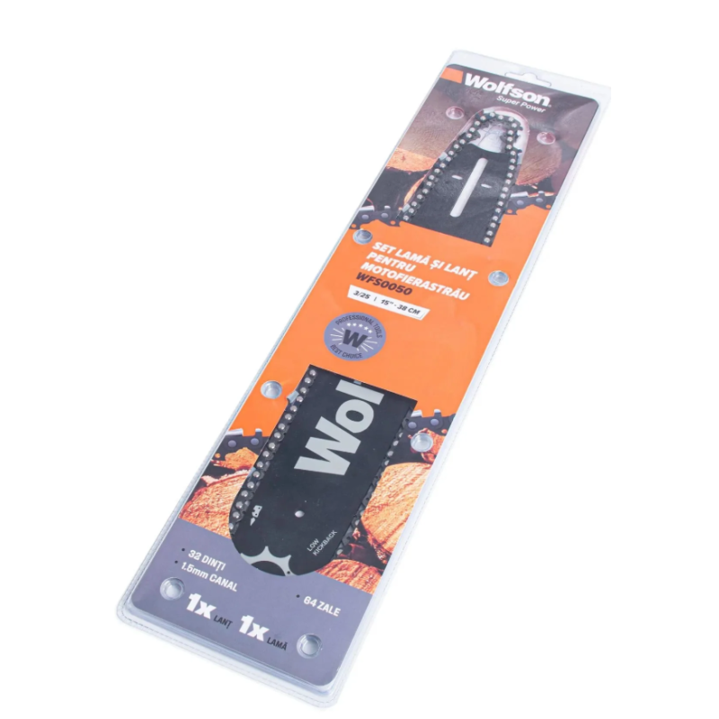 Set Lama si lant Wolfson pentru motofierastrau, 3/25, 38cm, 15, 32 dinti taietori, 64 zale, canal 1.5mm