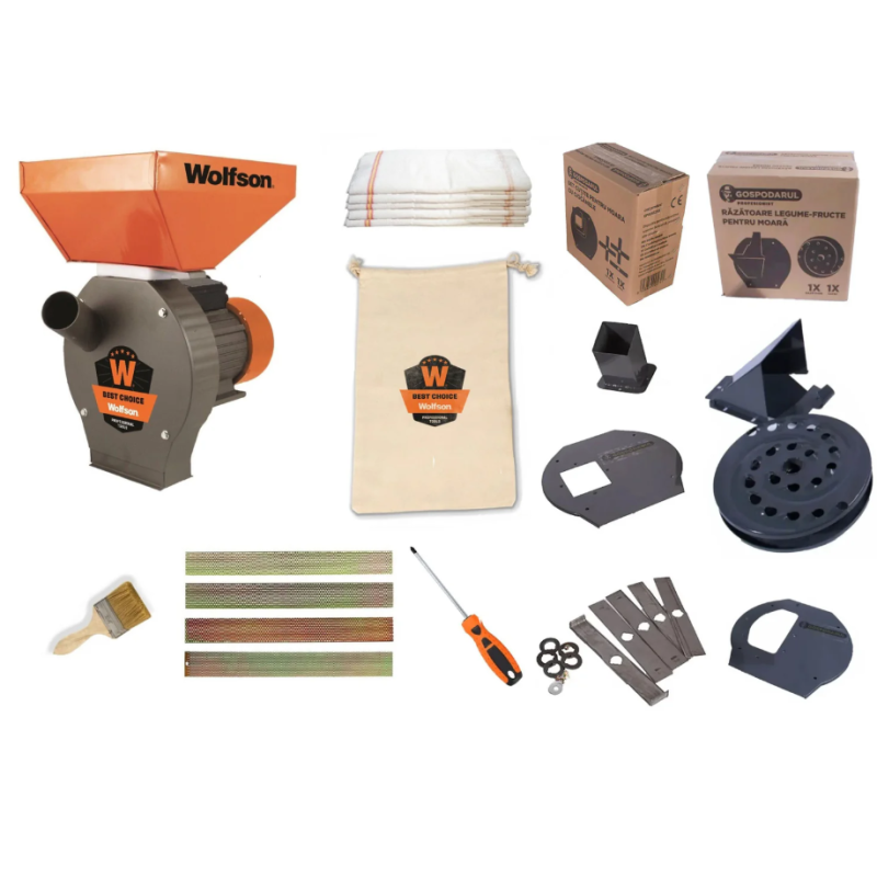 Moara pentru cereale WOLFSON - 2in1, 2700W, 100 CUPRU, 200kg/h + accesoriu furaje, fructe si legume