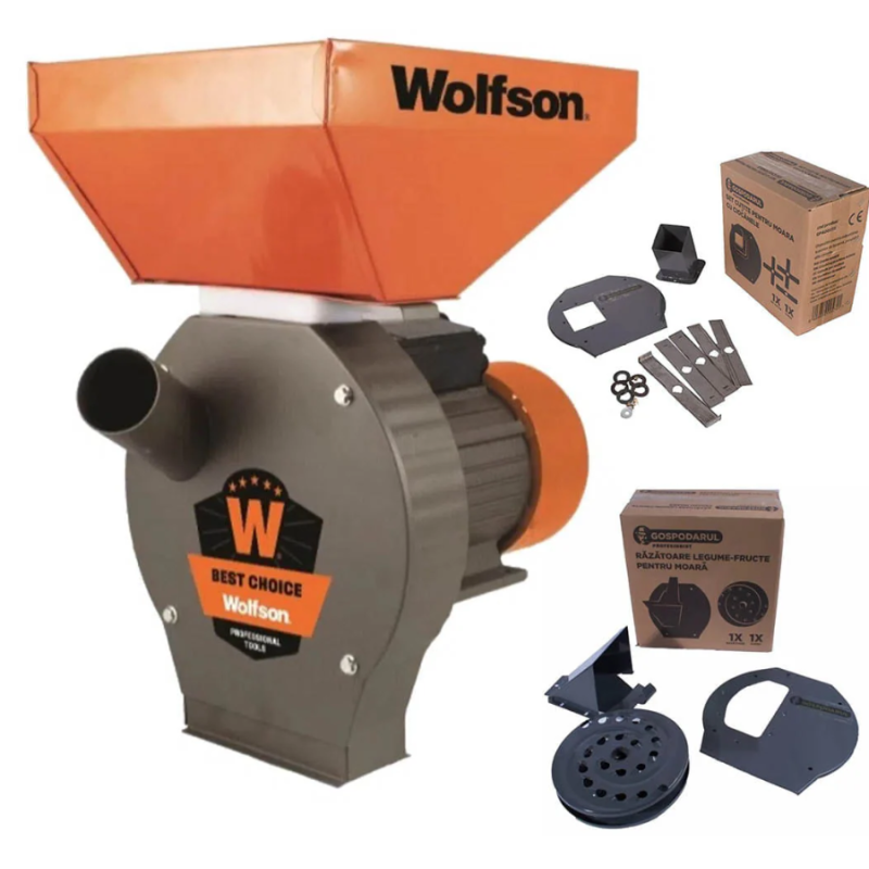 Moara pentru cereale WOLFSON - 2in1, 2700W, 100 CUPRU, 200kg/h + accesoriu furaje, fructe si legume