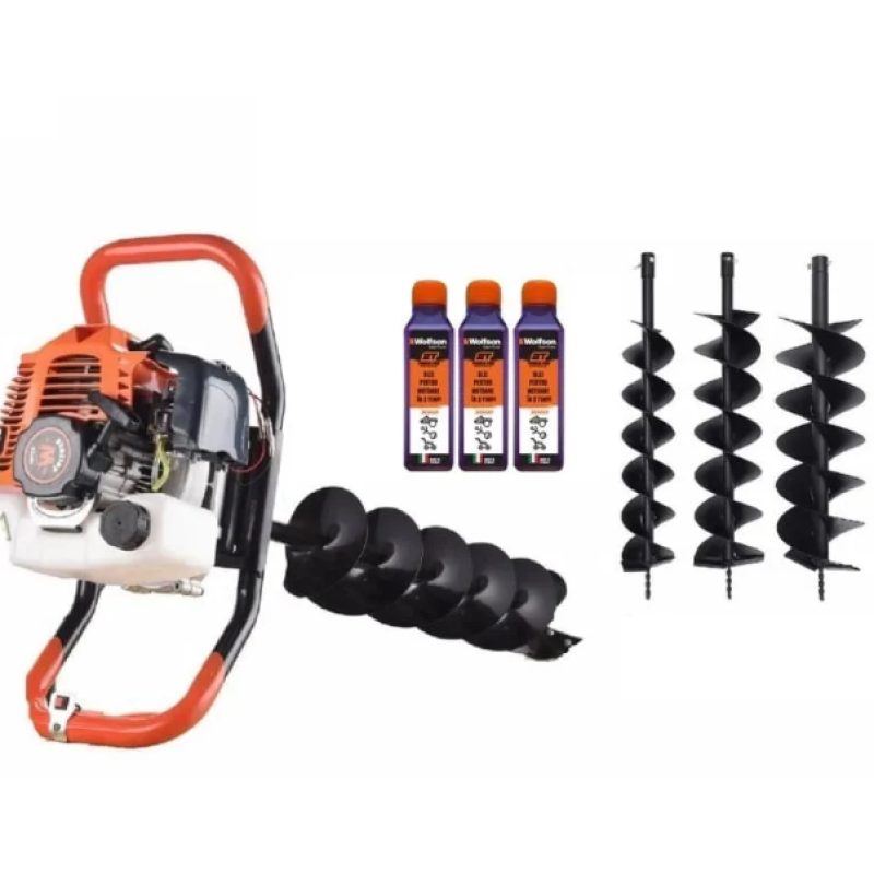 Motoburghiu de pamant WOLFSON STB-520, 1470W, 3 burghie incluse 100, 150 si 200mm + 3 ulei rosu, 0.1L