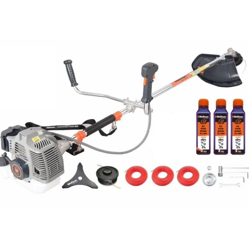 Motocoasa profesionala WOLFSON TRX-620, 2 CP, 52CC, 8 accesorii, ham comfort plus, 3 ulei rosu 2T Premium Made in Italy