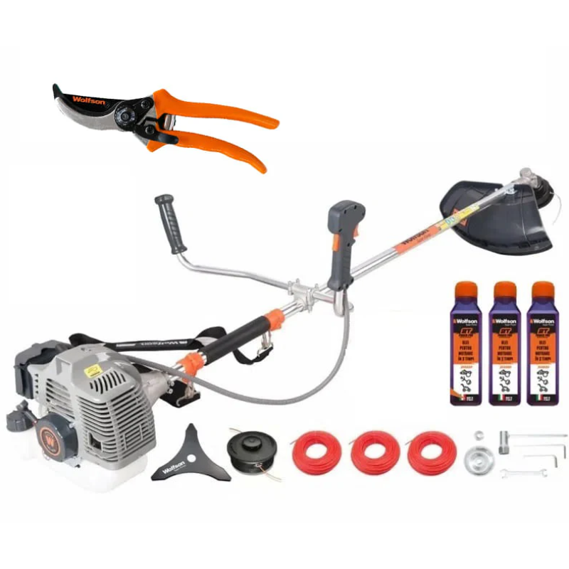 Motocoasa profesionala WOLFSON TRX-620, 2 CP, 8 accesorii, ham confort, 3 sticle de ulei rosu + foarfeca taiere crengi