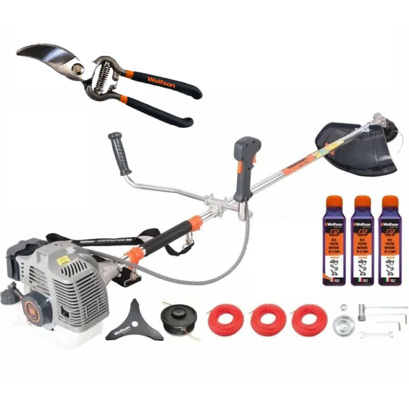 Motocoasa profesionala WOLFSON TRX-620, 2 CP, 8 accesorii, ham confort, 3 sticle de ulei rosu + foarfeca taiere via