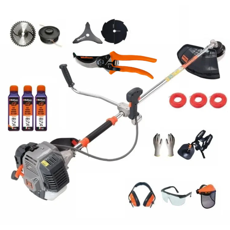 Motocoasa profesionala WOLFSON TRX-800, 15 accesorii, ham profesional, 3 sticle de ulei rou + foarfeca taiere crengi