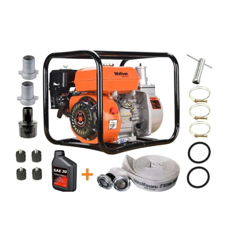 Motopompa apa WOLFSON WT-20, 2 toli, 6.5CP, 27000 l/h + ulei 4T, 0.6L + furtun pompieri 2 toli x 20m cu racorduri