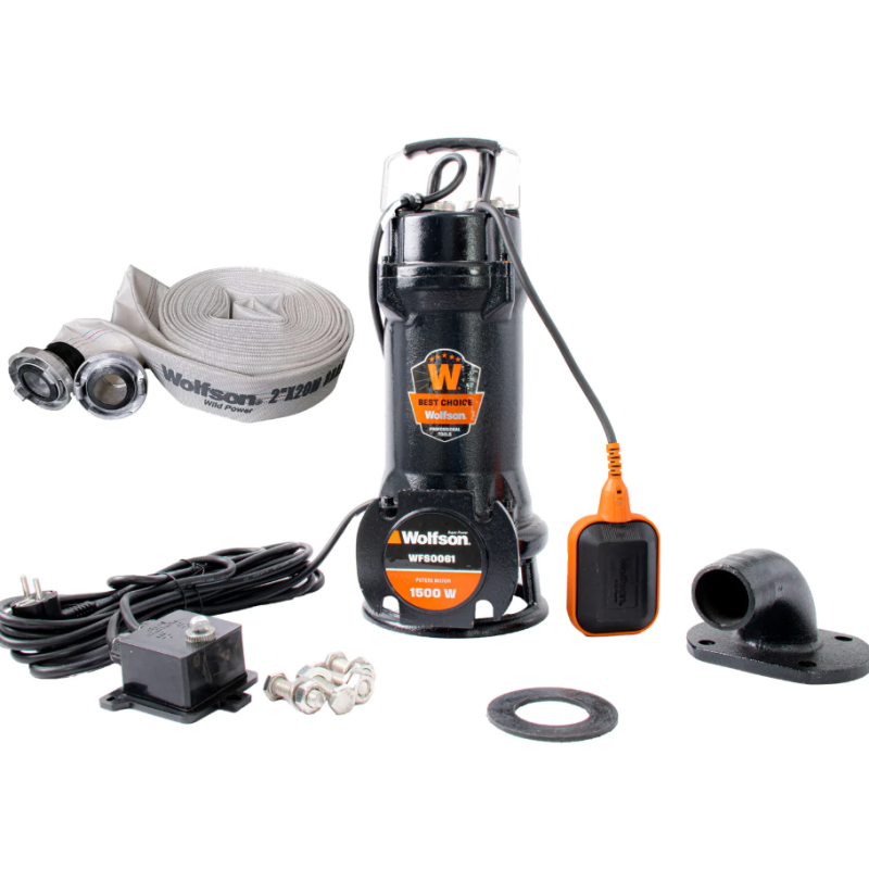 Pompa submersibila profesionala cu tocator Wolfson pentru apa murdara PWT-7500-F, 1500W, debit max 1800l/h - 2 toli + Furtun pompieri