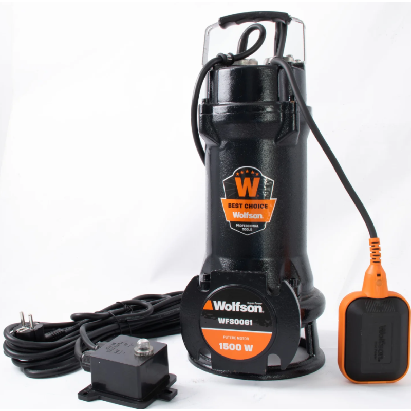 Pompa submersibila profesionala cu tocator Wolfson pentru apa murdara PWT-7500-F, 1500W, debit max 1800l/h - 2 toli + Furtun pompieri