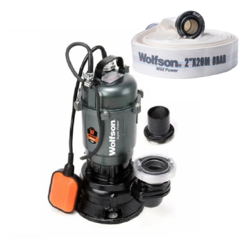 Pompa submersibila apa murdara cu tocator Wolfson TP-3300T, 1500W, 2", 10000 l/h + furtun PVC panzat tip pompieri 2" 20m, 50mm cu mufe cuplare