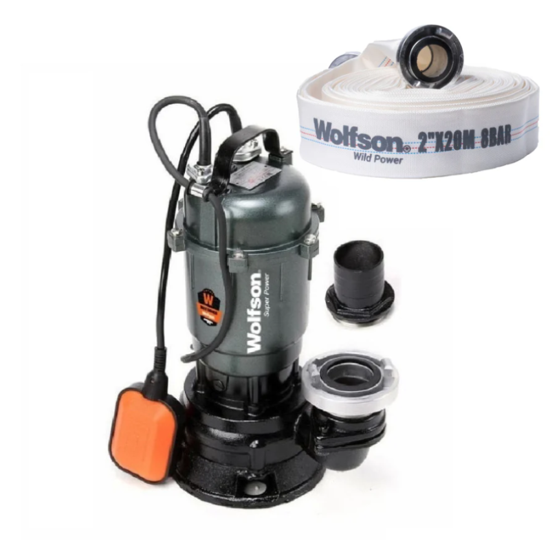 Pompa submersibila apa murdara cu tocator Wolfson TP-3300T, 1500W, 2", 10000 l/h + furtun PVC panzat tip pompieri 2" 20m, 50mm cu mufe cuplare