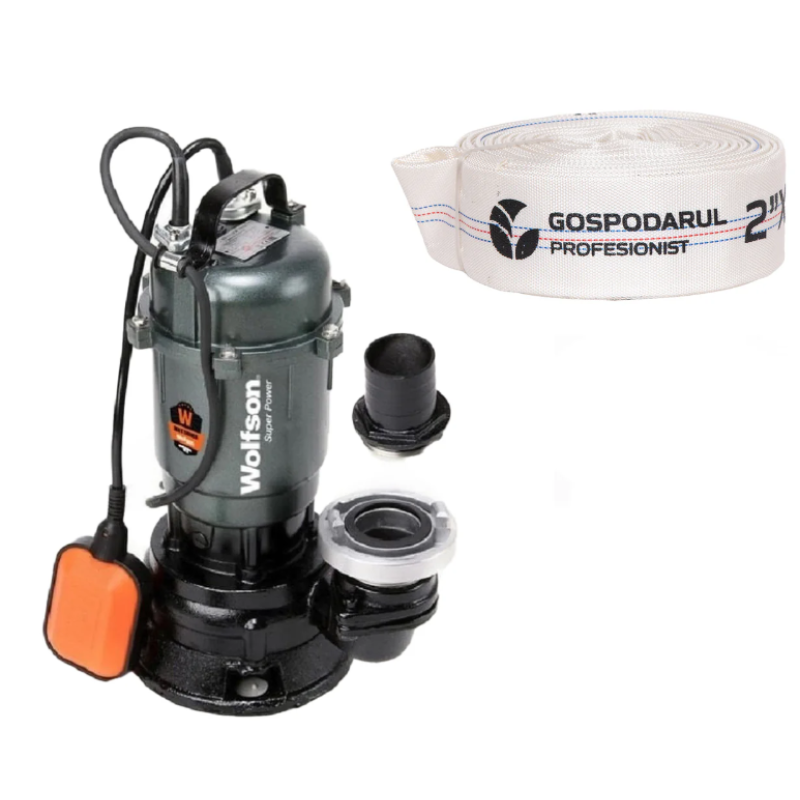 Pompa submersibila apa murdara Wolfson TP-3100, 1100W, 2", 10000 l/h + furtun PVC panzat tip pompieri 2" 20m, 50mm