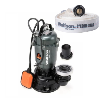 Pompa submersibila apa murdara Wolfson TP-3100, 1100W, 2", 10000 l/h + furtun PVC panzat tip pompieri 2" 20m, 50mm cu mufe cuplare