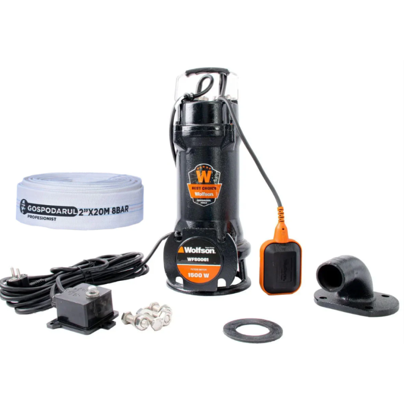 Pompa submersibila profesionala cu tocator Wolfson pentru apa murdara PWT-7500-F, 1500W, debit max 18000l/h - 2 toli + furtun 20m