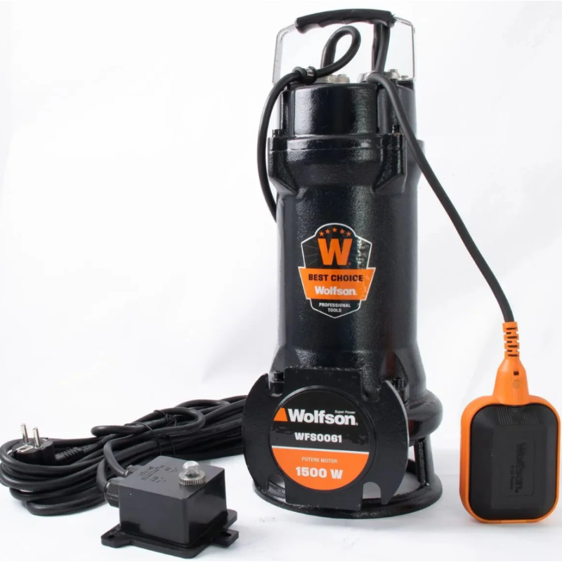 Pompa submersibila profesionala cu tocator Wolfson pentru apa murdara PWT-7500-F, 1500W, debit max 18000l/h - 2 toli + furtun 20m