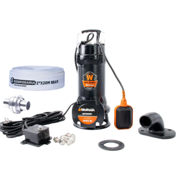Pompa submersibila profesionala cu tocator Wolfson pentru apa murdara PWT-7500-F, 1500W, debit max 18000l/h - 2 toli +furtun 20m + cuple