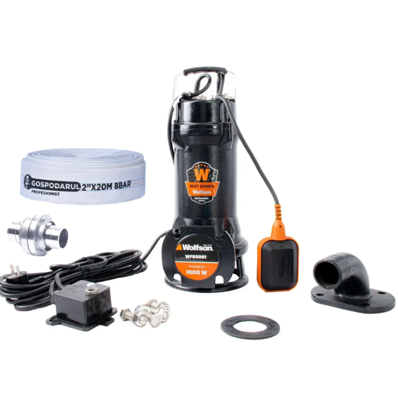 Pompa submersibila profesionala cu tocator Wolfson pentru apa murdara PWT-7500-F, 1500W, debit max 18000l/h - 2 toli +furtun 20m + cuple