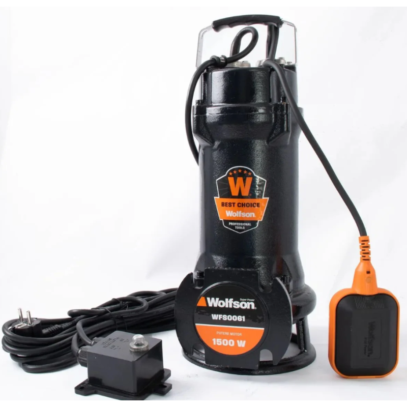 Pompa submersibila profesionala cu tocator Wolfson pentru apa murdara PWT-7500-F, 1500W, debit max 18000l/h - 2 toli +furtun 20m + cuple